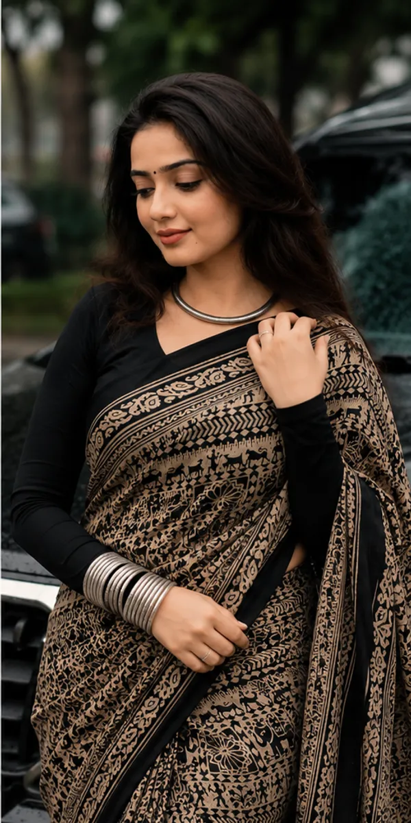 Black_&_Beige_Tribal_Print_Ajrakh_Bindi_Japan_Silk_Saree_with_Ethnic_Border