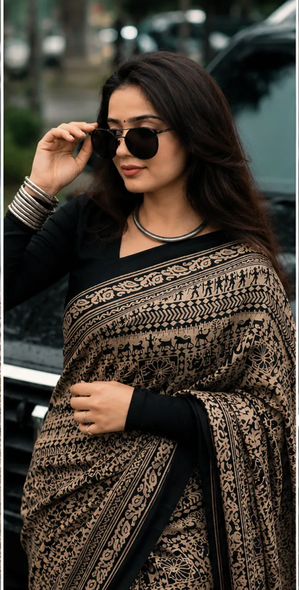 Black_&_Beige_Tribal_Print_Ajrakh_Bindi_Japan_Silk_Saree_with_Ethnic_Border
