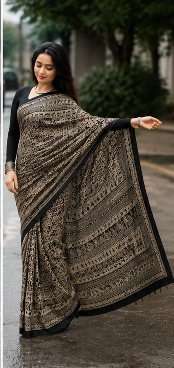 Black_&_Beige_Tribal_Print_Ajrakh_Bindi_Japan_Silk_Saree_with_Ethnic_Border