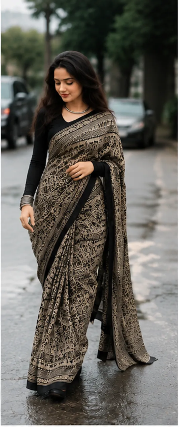 Black_&_Beige_Tribal_Print_Ajrakh_Bindi_Japan_Silk_Saree_with_Ethnic_Border