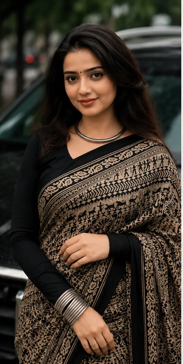 Black_&_Beige_Tribal_Print_Ajrakh_Bindi_Japan_Silk_Saree_with_Ethnic_Border