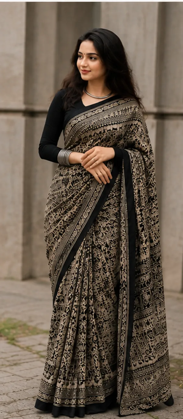 Black_&_Beige_Tribal_Print_Ajrakh_Bindi_Japan_Silk_Saree_with_Ethnic_Border
