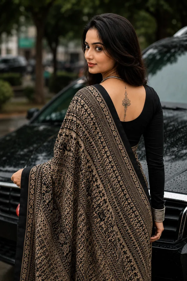 Black_&_Beige_Tribal_Print_Ajrakh_Bindi_Japan_Silk_Saree_with_Ethnic_Border