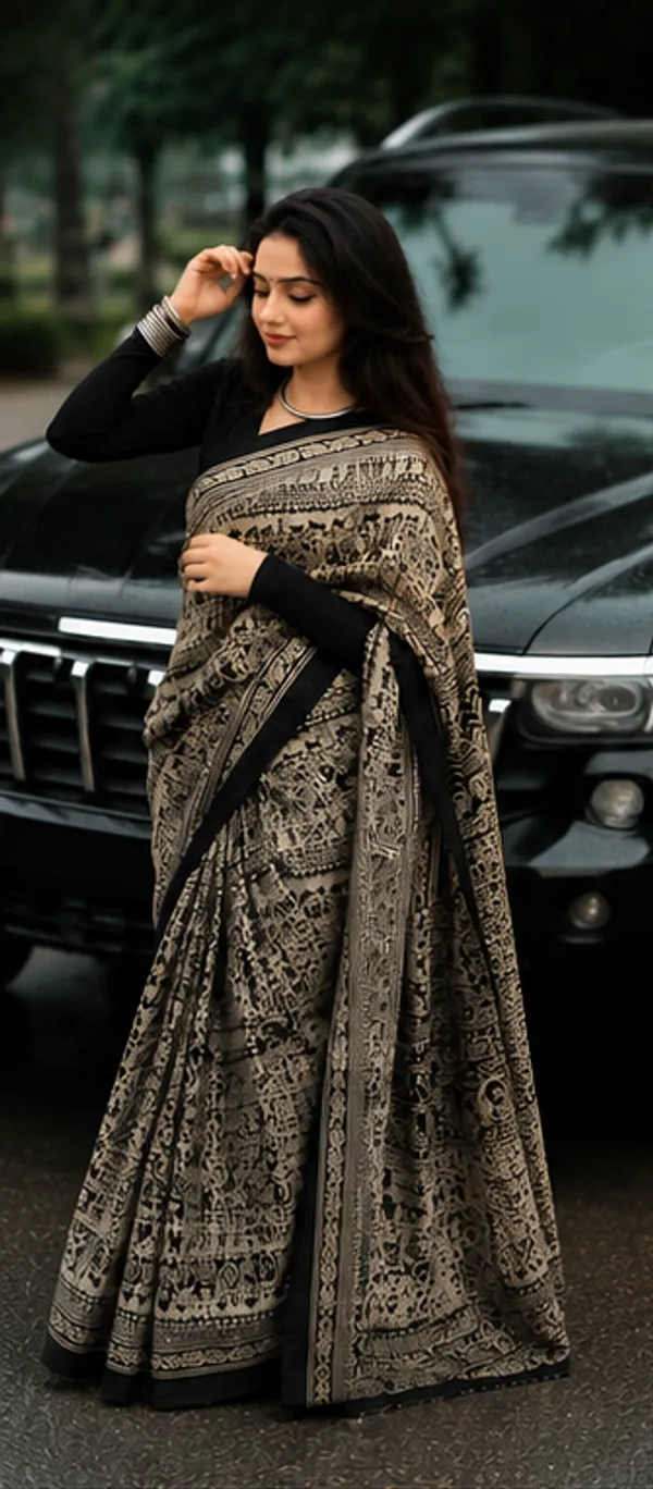 Black_&_Beige_Tribal_Print_Ajrakh_Bindi_Japan_Silk_Saree_with_Ethnic_Border