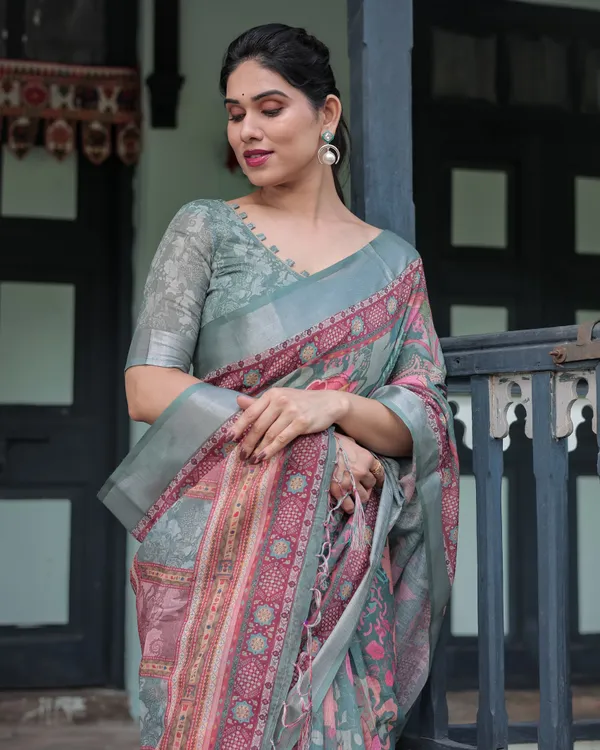 Sage_Green_Linen_Printed_Saree_with_Traditional_Border_Design_and_Tassel_Detailing_with_Unstitched_Blouse_for_Women