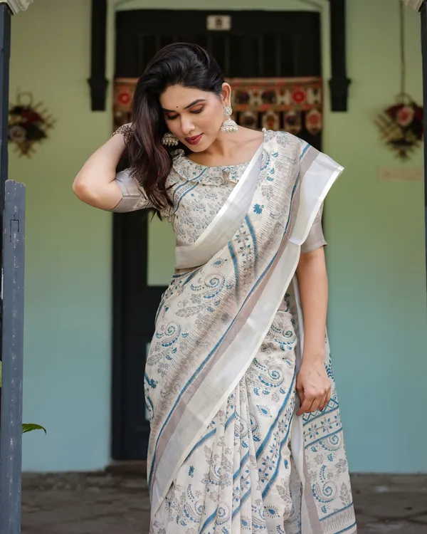 Beige_and_Blue_Floral_Printed_Pure_Cotton_Linen_Saree_and_Tassels_With_Unstitched_Blouse