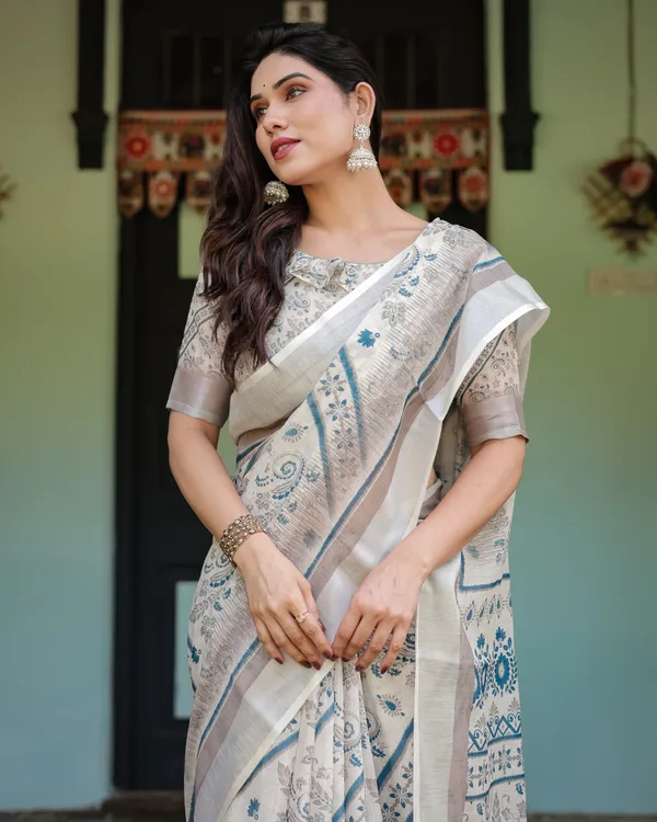 Beige_and_Blue_Floral_Printed_Pure_Cotton_Linen_Saree_and_Tassels_With_Unstitched_Blouse