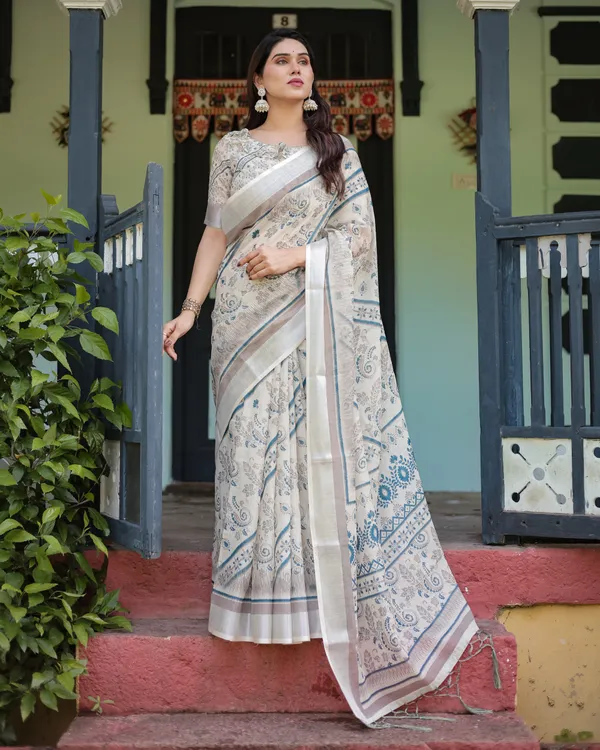 Beige_and_Blue_Floral_Printed_Pure_Cotton_Linen_Saree_and_Tassels_With_Unstitched_Blouse