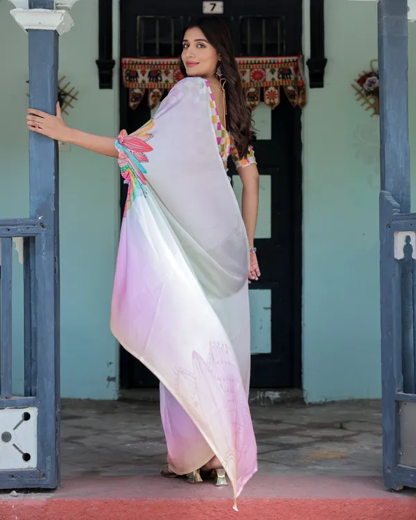 Blush_Pink_and_White_Ombre_Satin_Saree_with_Mandala_Cutout_Pallu_&_Fuchsia_Elegant_Designer_Drape_With_Unstitched_Blouse