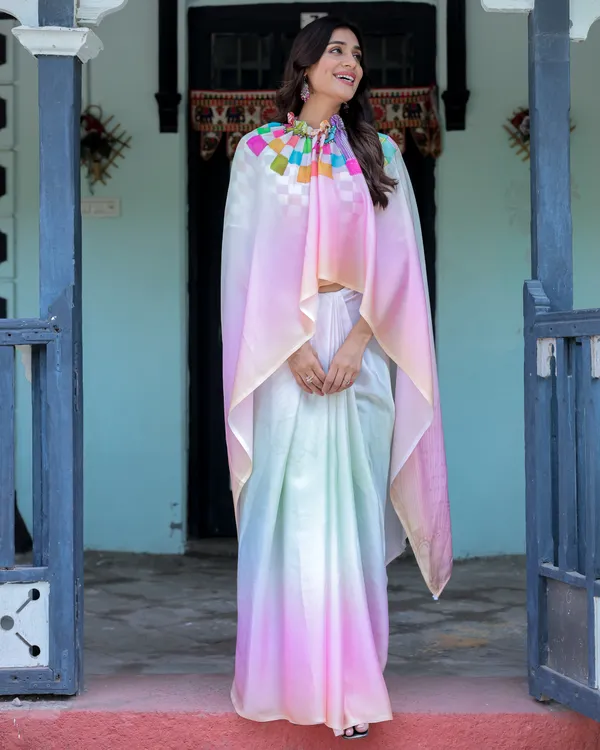 Blush_Pink_and_White_Ombre_Satin_Saree_with_Mandala_Cutout_Pallu_&_Fuchsia_Elegant_Designer_Drape_With_Unstitched_Blouse