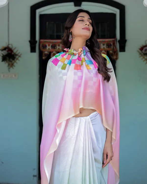 Blush_Pink_and_White_Ombre_Satin_Saree_with_Mandala_Cutout_Pallu_&_Fuchsia_Elegant_Designer_Drape_With_Unstitched_Blouse