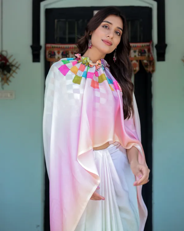Blush_Pink_and_White_Ombre_Satin_Saree_with_Mandala_Cutout_Pallu_&_Fuchsia_Elegant_Designer_Drape_With_Unstitched_Blouse