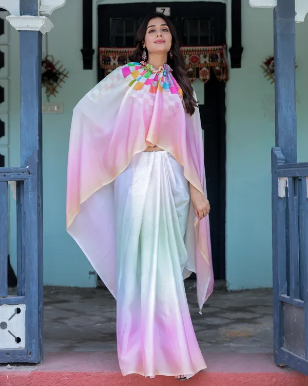 Blush_Pink_and_White_Ombre_Satin_Saree_with_Mandala_Cutout_Pallu_&_Fuchsia_Elegant_Designer_Drape_With_Unstitched_Blouse