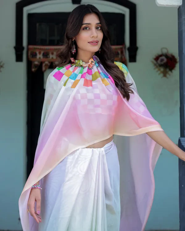 Blush_Pink_and_White_Ombre_Satin_Saree_with_Mandala_Cutout_Pallu_&_Fuchsia_Elegant_Designer_Drape_With_Unstitched_Blouse