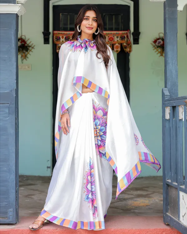 White_Satin_Georgette_Designer_Saree_with_Lotus_Mandala_Prints_&_Multicolor_Striped__Handsfree_Pallu_Loop_With_Unstitched_Blouse