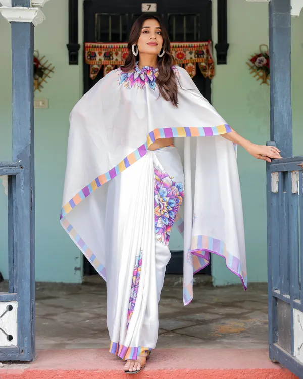 White_Satin_Georgette_Designer_Saree_with_Lotus_Mandala_Prints_&_Multicolor_Striped__Handsfree_Pallu_Loop_With_Unstitched_Blouse