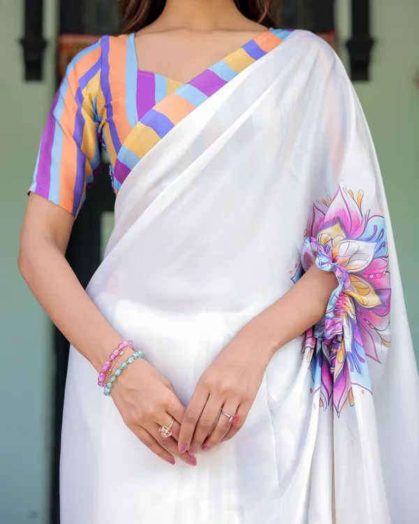 White_Satin_Georgette_Designer_Saree_with_Lotus_Mandala_Prints_&_Multicolor_Striped__Handsfree_Pallu_Loop_With_Unstitched_Blouse