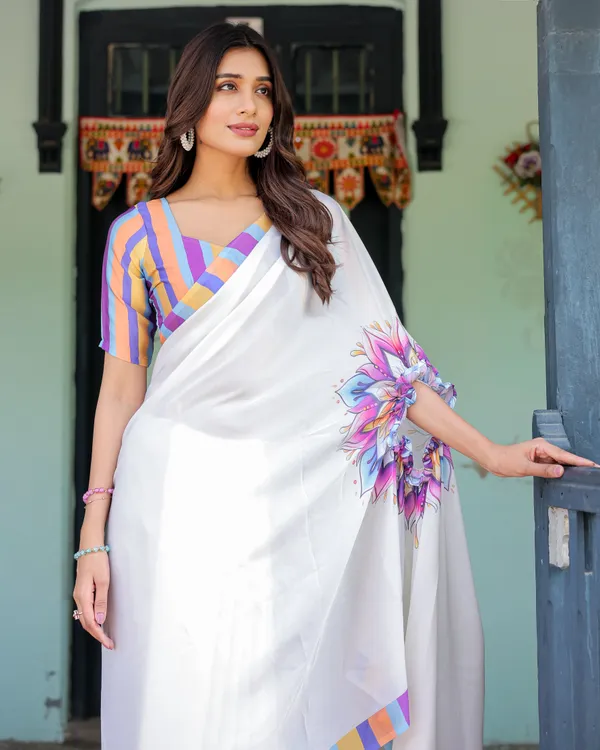 White_Satin_Georgette_Designer_Saree_with_Lotus_Mandala_Prints_&_Multicolor_Striped__Handsfree_Pallu_Loop_With_Unstitched_Blouse