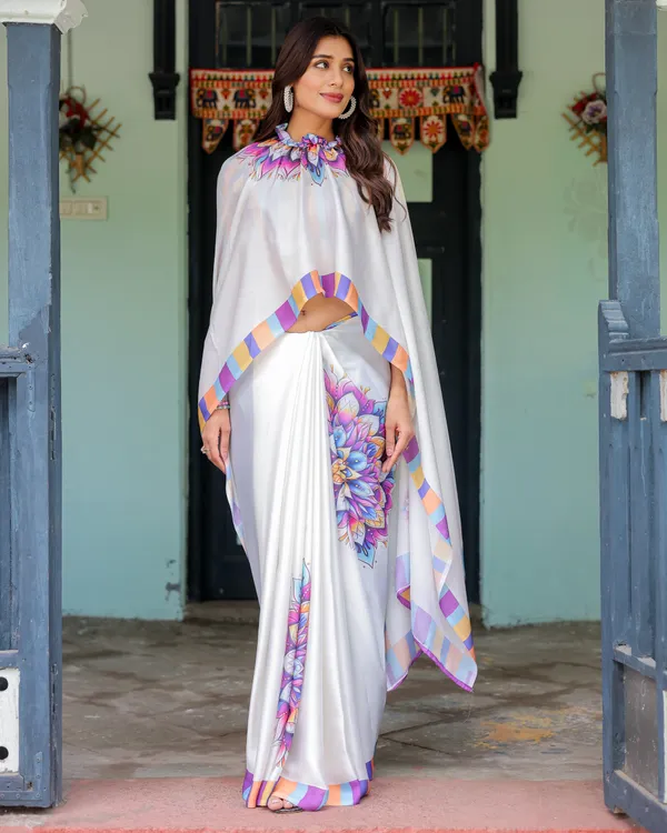 White_Satin_Georgette_Designer_Saree_with_Lotus_Mandala_Prints_&_Multicolor_Striped__Handsfree_Pallu_Loop_With_Unstitched_Blouse