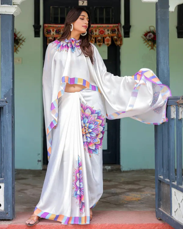 White_Satin_Georgette_Designer_Saree_with_Lotus_Mandala_Prints_&_Multicolor_Striped__Handsfree_Pallu_Loop_With_Unstitched_Blouse