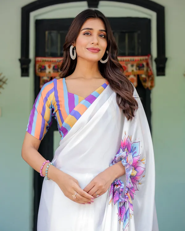 White_Satin_Georgette_Designer_Saree_with_Lotus_Mandala_Prints_&_Multicolor_Striped__Handsfree_Pallu_Loop_With_Unstitched_Blouse