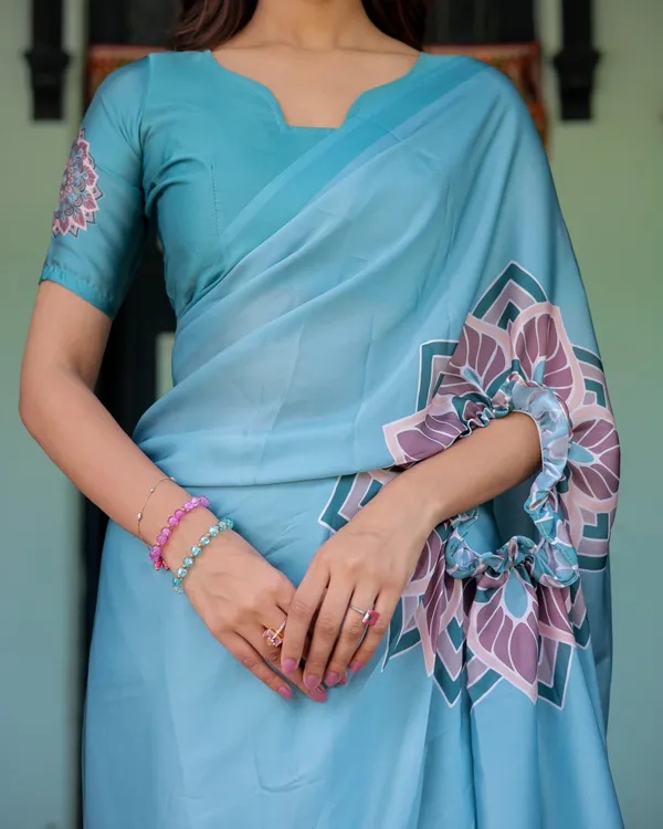 Teal_Blue_Designer_Freehand_Saree_with_Lotus_Mandala_Pallu_&_Matching__Satin_Georgette_Handsfree_Pallu_Feature_With_Unstitched_Blouse