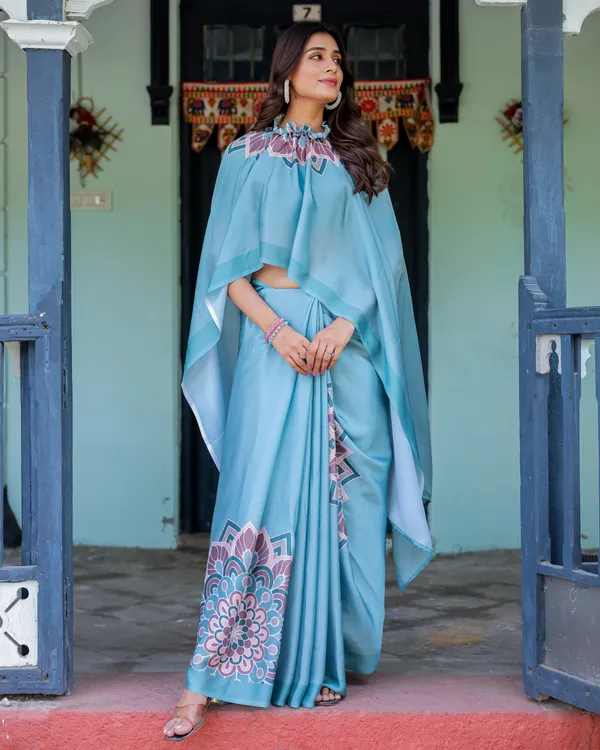 Teal_Blue_Designer_Freehand_Saree_with_Lotus_Mandala_Pallu_&_Matching__Satin_Georgette_Handsfree_Pallu_Feature_With_Unstitched_Blouse