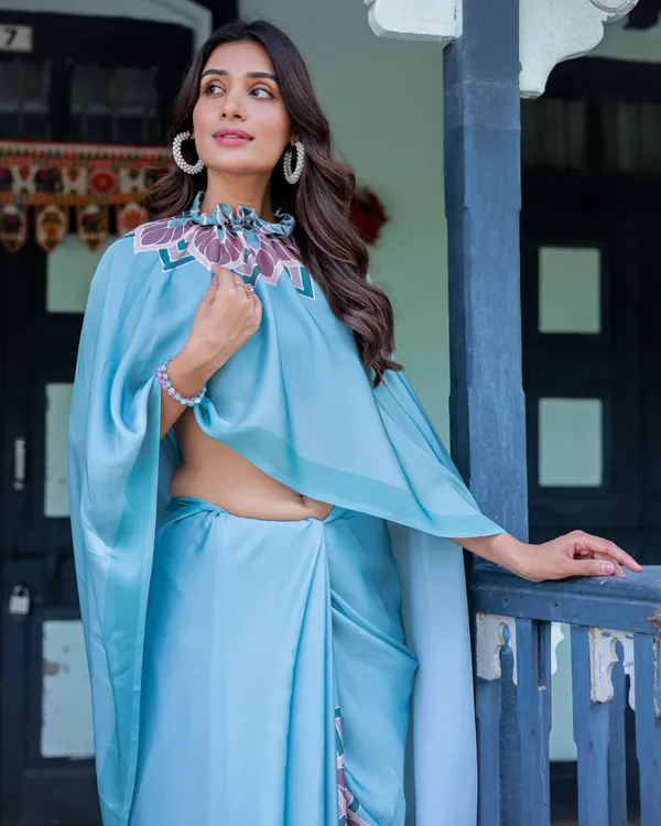 Teal_Blue_Designer_Freehand_Saree_with_Lotus_Mandala_Pallu_&_Matching__Satin_Georgette_Handsfree_Pallu_Feature_With_Unstitched_Blouse