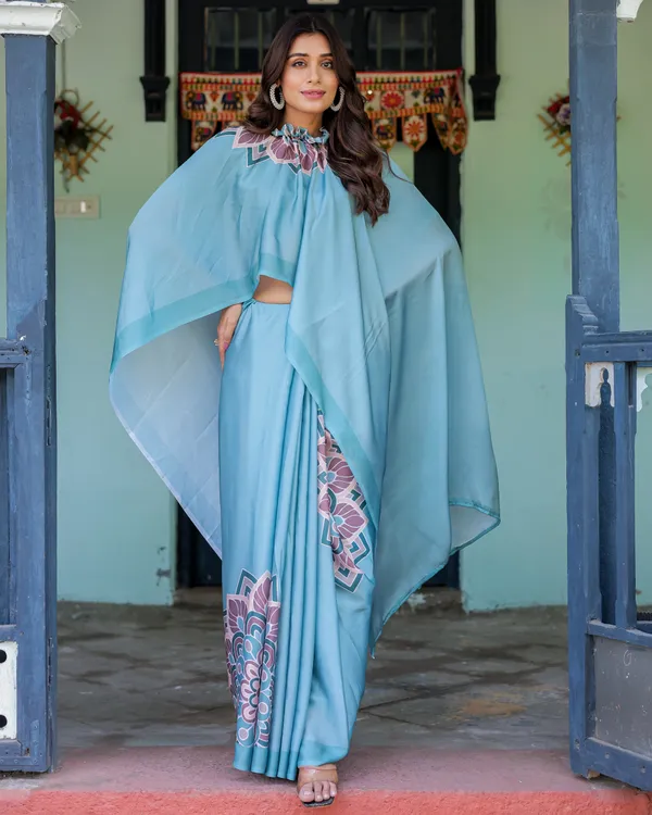 Teal_Blue_Designer_Freehand_Saree_with_Lotus_Mandala_Pallu_&_Matching__Satin_Georgette_Handsfree_Pallu_Feature_With_Unstitched_Blouse