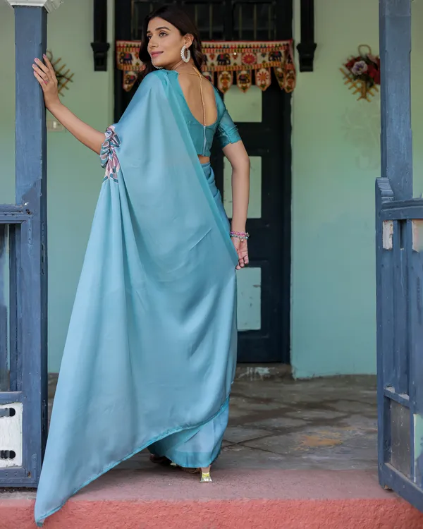 Teal_Blue_Designer_Freehand_Saree_with_Lotus_Mandala_Pallu_&_Matching__Satin_Georgette_Handsfree_Pallu_Feature_With_Unstitched_Blouse