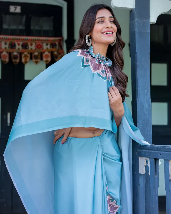 Teal_Blue_Designer_Freehand_Saree_with_Lotus_Mandala_Pallu_&_Matching__Satin_Georgette_Handsfree_Pallu_Feature_With_Unstitched_Blouse