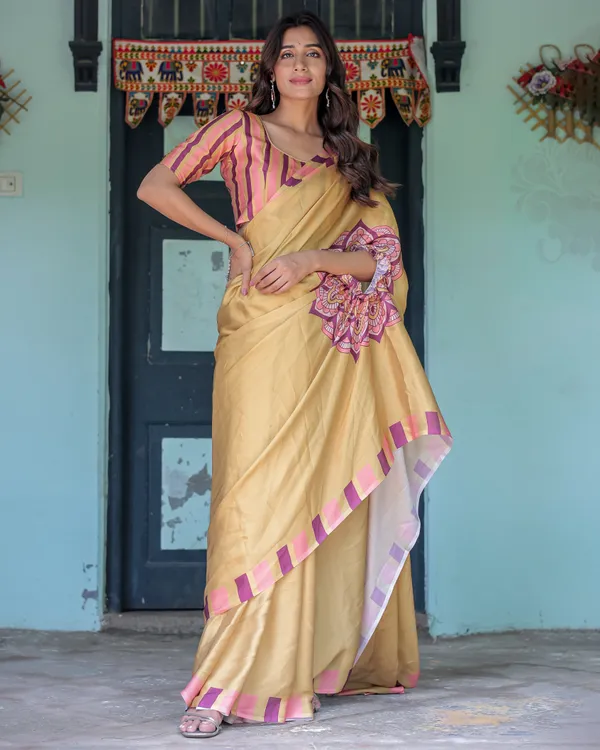 Golden_Beige_Freehand_Designer_Saree_with_Pink_Mandala_Motif_&_Striped__Satin_Georgette_Handsfree_Pallu_With_Unstitched_Blouse