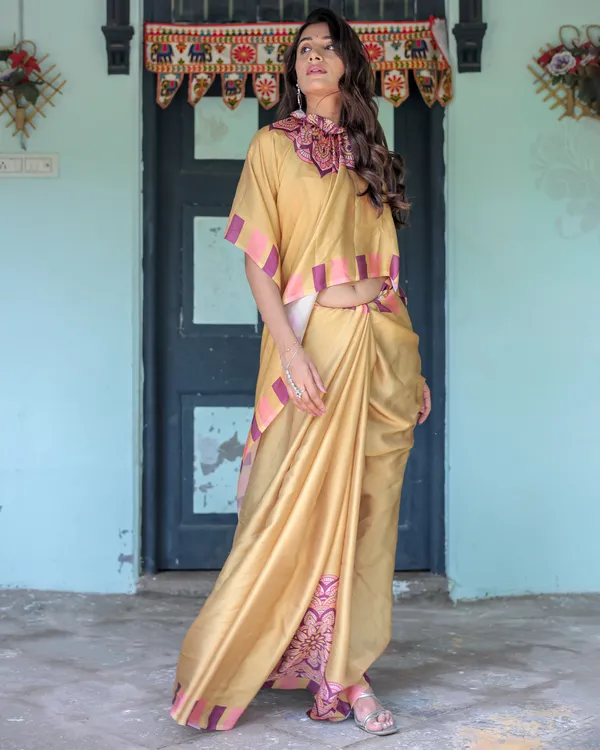 Golden_Beige_Freehand_Designer_Saree_with_Pink_Mandala_Motif_&_Striped__Satin_Georgette_Handsfree_Pallu_With_Unstitched_Blouse