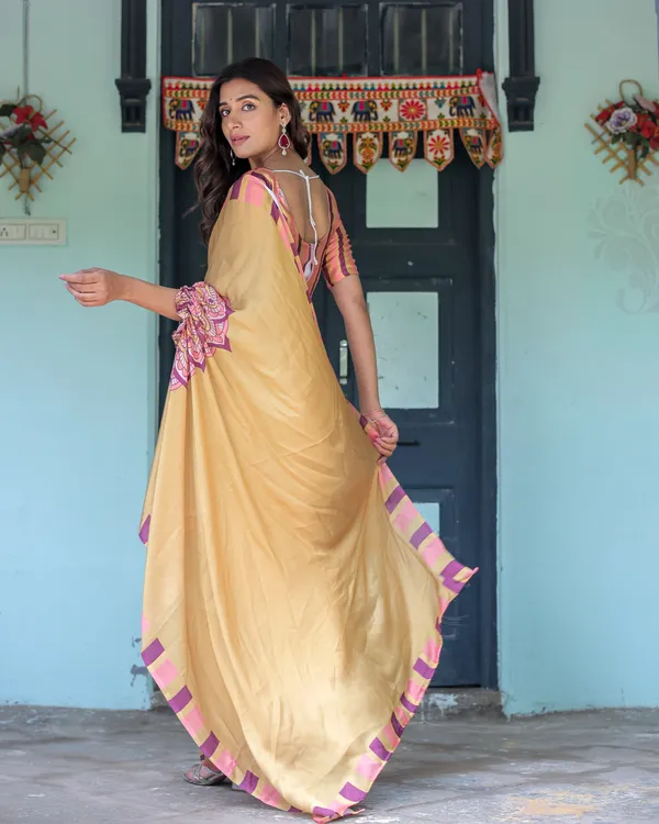Golden_Beige_Freehand_Designer_Saree_with_Pink_Mandala_Motif_&_Striped__Satin_Georgette_Handsfree_Pallu_With_Unstitched_Blouse