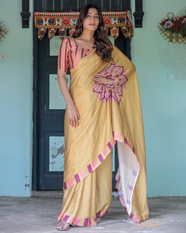 Golden_Beige_Freehand_Designer_Saree_with_Pink_Mandala_Motif_&_Striped__Satin_Georgette_Handsfree_Pallu_With_Unstitched_Blouse