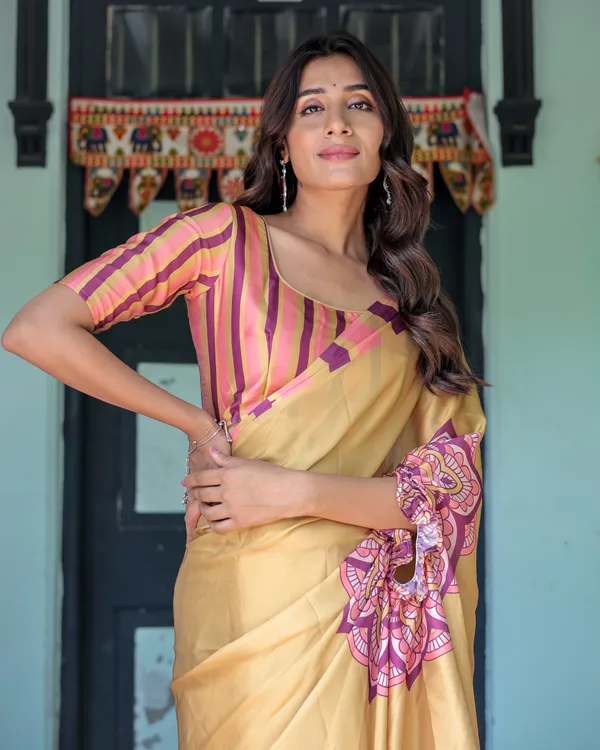 Golden_Beige_Freehand_Designer_Saree_with_Pink_Mandala_Motif_&_Striped__Satin_Georgette_Handsfree_Pallu_With_Unstitched_Blouse