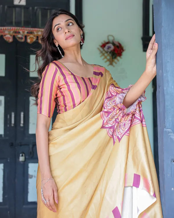 Golden_Beige_Freehand_Designer_Saree_with_Pink_Mandala_Motif_&_Striped__Satin_Georgette_Handsfree_Pallu_With_Unstitched_Blouse