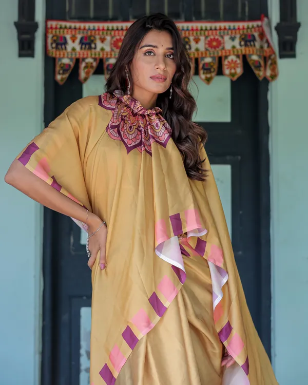 Golden_Beige_Freehand_Designer_Saree_with_Pink_Mandala_Motif_&_Striped__Satin_Georgette_Handsfree_Pallu_With_Unstitched_Blouse