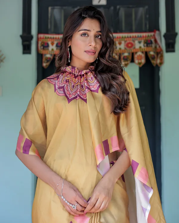 Golden_Beige_Freehand_Designer_Saree_with_Pink_Mandala_Motif_&_Striped__Satin_Georgette_Handsfree_Pallu_With_Unstitched_Blouse