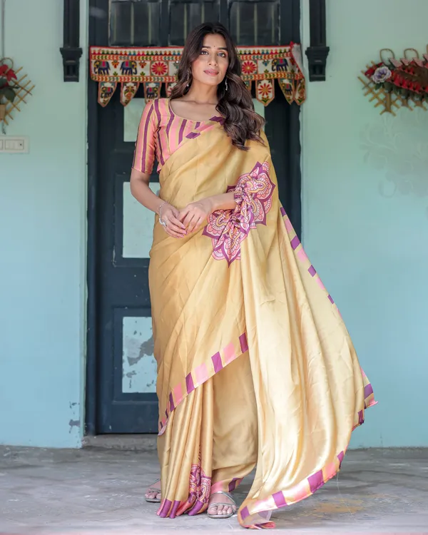 Golden_Beige_Freehand_Designer_Saree_with_Pink_Mandala_Motif_&_Striped__Satin_Georgette_Handsfree_Pallu_With_Unstitched_Blouse