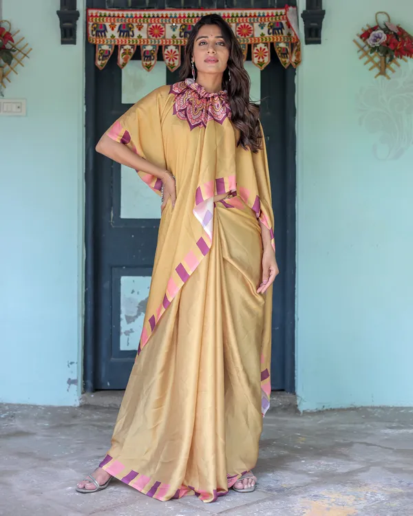 Golden_Beige_Freehand_Designer_Saree_with_Pink_Mandala_Motif_&_Striped__Satin_Georgette_Handsfree_Pallu_With_Unstitched_Blouse