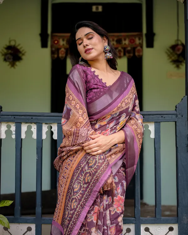 Purple_Floral_Printed_Pure_Cotton_Linen_Saree_and_Tassels_With_Unstitched_Blouse
