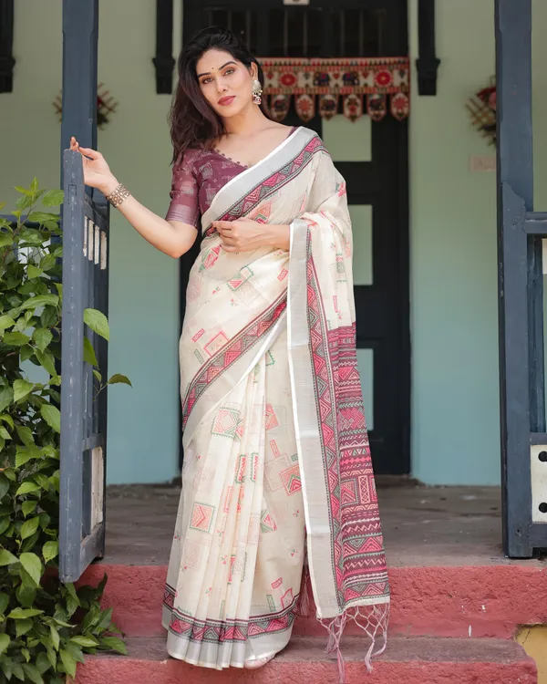 Off-white_Pure_Cotton_Linen_Saree_Intricate_Geometric_Pattern_and_Tassels_on_Edges_With_Unstitched_Blouse