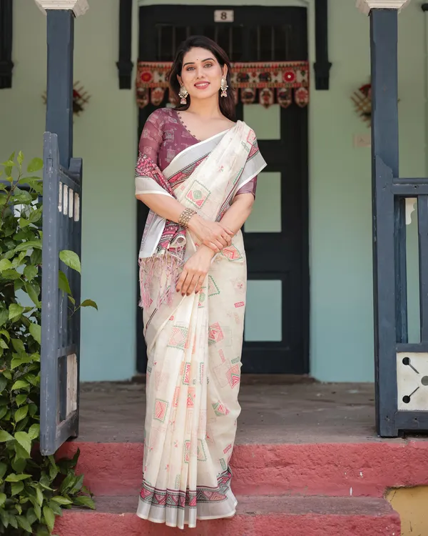 Off-white_Pure_Cotton_Linen_Saree_Intricate_Geometric_Pattern_and_Tassels_on_Edges_With_Unstitched_Blouse