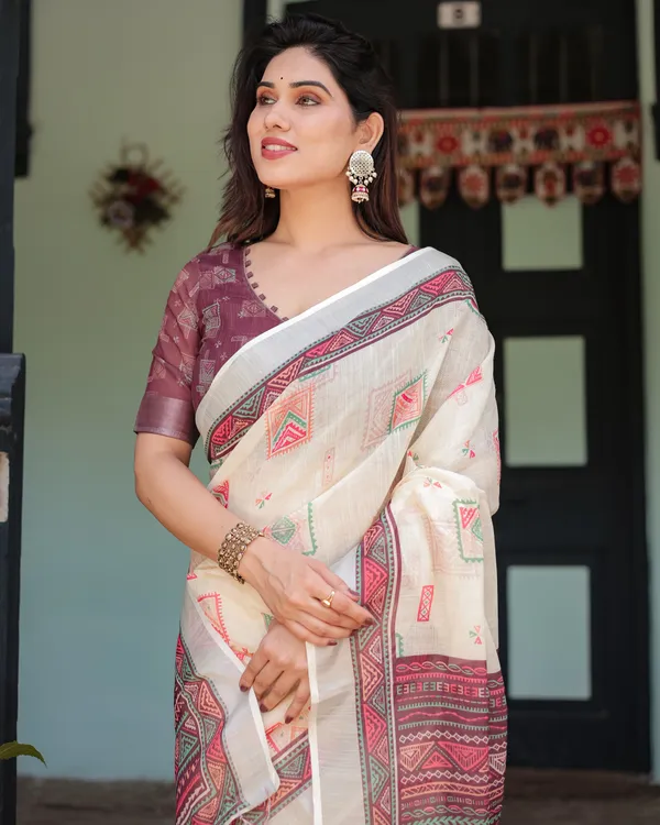 Off-white_Pure_Cotton_Linen_Saree_Intricate_Geometric_Pattern_and_Tassels_on_Edges_With_Unstitched_Blouse