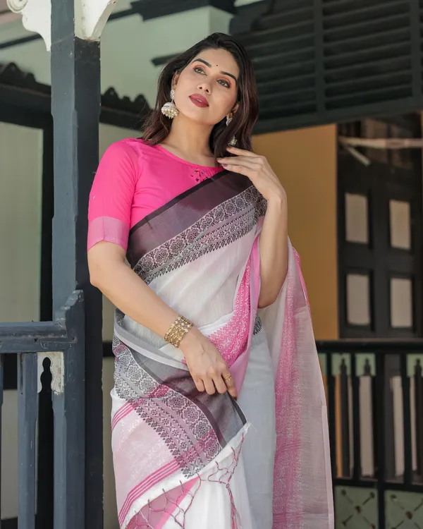 White_and_Pink_Linen_Printed_Saree_with_Contrast_Border_Design_and_Tassel_Detailing_with_Unstitched_Blouse_for_Women