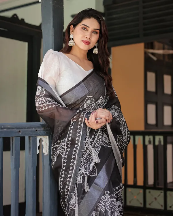 Black_and_White_Pure_Cotton_Linen_Saree_Intricate_Floral_Design_and_Tassels_on_Edges_With_Unstitched_Blouse