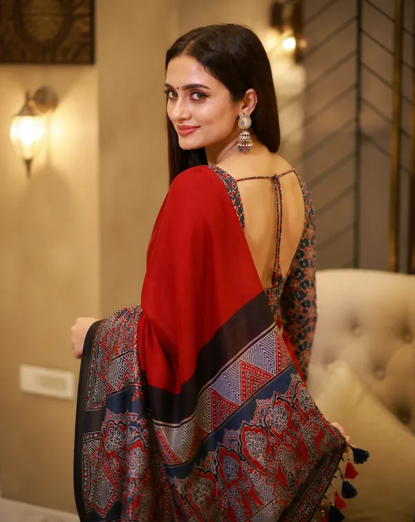 Black_&_Rust_Designer_Ajrakh_Bindi_Japan_Silk_Saree_with_Traditional_Motifs