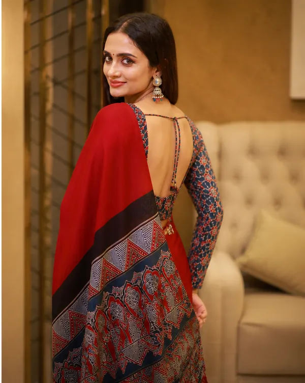 Black_&_Rust_Designer_Ajrakh_Bindi_Japan_Silk_Saree_with_Traditional_Motifs