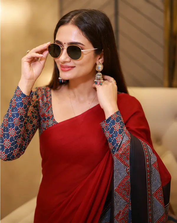 Black_&_Rust_Designer_Ajrakh_Bindi_Japan_Silk_Saree_with_Traditional_Motifs